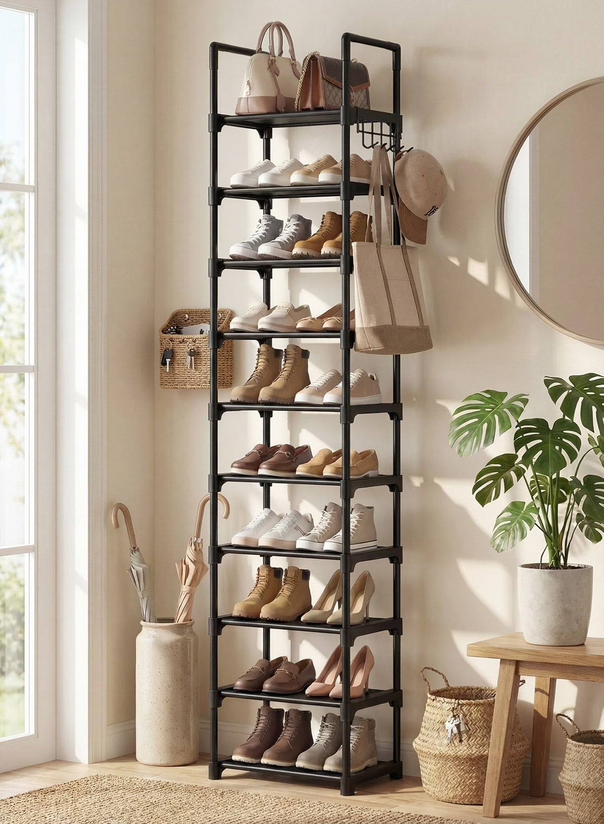 Shoe Rack - 10-Tier Shoe Organizer with Detachable Fabric Shelves & Metal Frame, Tall Shoe Rack for Closet, Entrance, Living Room, 16.9" x 11.8" x 68.5", Black